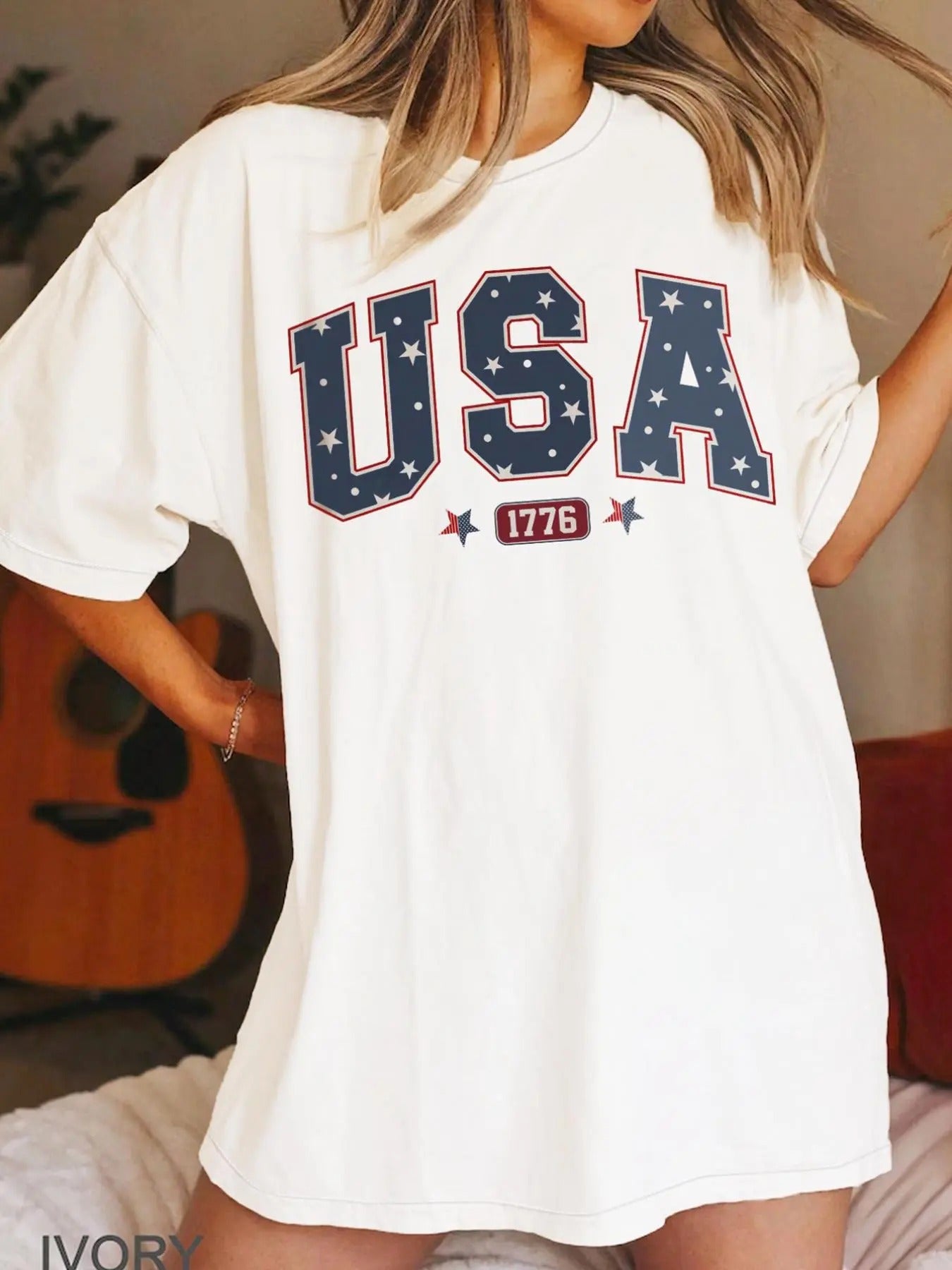 Women's Letter & Star Print Round Neck Tee, Casual Short Sleeve Crew Neck T-Shirt for Summer, Fashion Women's Top for...