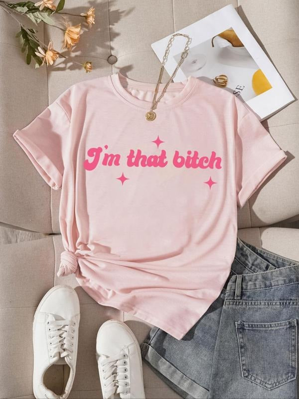 Women's Letter & Star Print Round Neck Tee, Trendy Casual Short Sleeve Crew Neck T-shirt for Daily Wear, Ladies All...