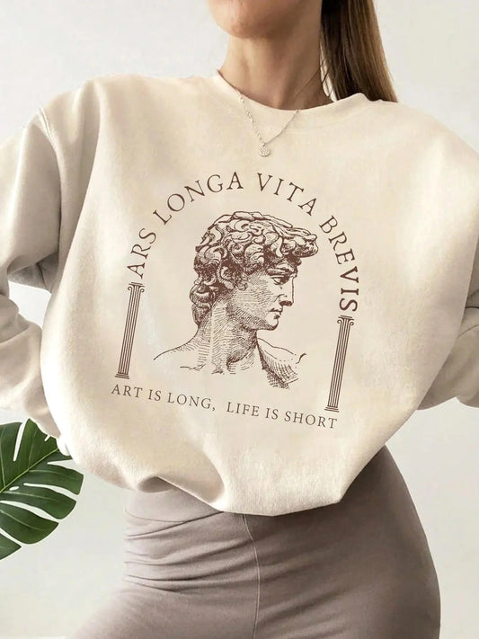 Women's Letter & Statue Print Thermal Lined Sweatshirt, Casual Long Sleeve Round Neck Pullover for Fall & Winter, Women's...