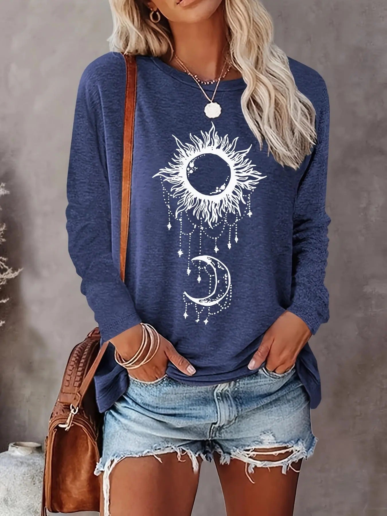 Women's Letter & Sun Print Round Neck Tee, Casual Long Sleeve Crew Neck Top for Fall & Winter, Women's Clothing for Daily...