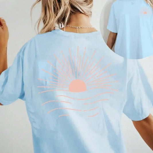 Women's Letter & Sun Print Round Neck Tee, Casual Short Sleeve Crew Neck T-shirt for Summer, Fashion Women's Top for...