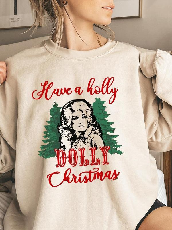 Women's Letter & Tree Print Drop Shoulder Sweatshirt, Casual Long Sleeve Round Neck Pullover for Daily Wear, Ladies Fall...