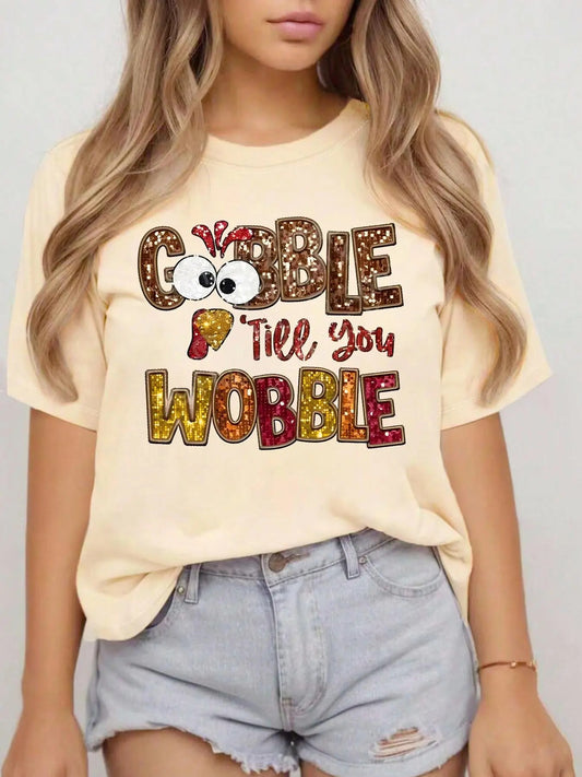 Women's Letter & Turkey Print Round Neck Tee, Fashion Casual Crew Neck T-Shirt for Daily Holiday Vacation Outdoor Wear,...