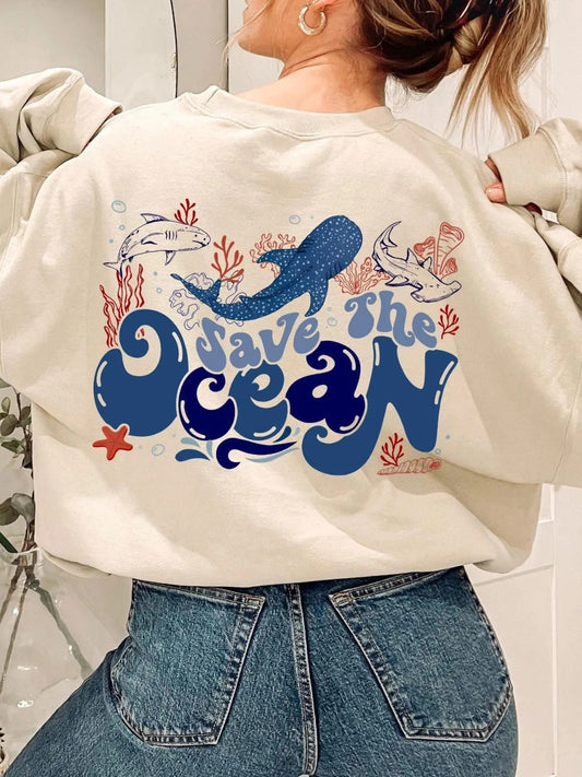 Women's Letter & Whale Print Crew Neck Sweatshirt, Casual Long Sleeve Pullover for Daily Wear, Ladies Clothes for All...