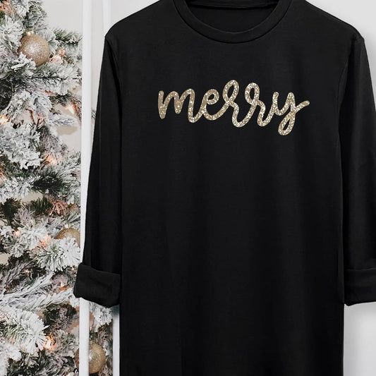 Women's Letter Christmas Print Round Neck Tee, Casual Long Sleeve Crew Neck T-shirt for Fall & Winter, Women's Top for...