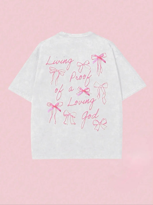 Women's Letter Graphic Bow Decor Drop Shoulder Tee, Casual Short Sleeve Round Neck T-shirt for Summer, Graphic Tees...