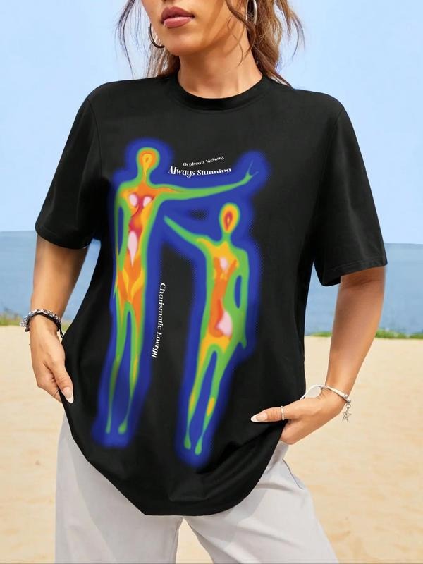 Women's Letter Graphic Round Neck Drop Shoulder Tee, Summer Clothes Women, Printed Half Sleeve T-shirt for Summer,...