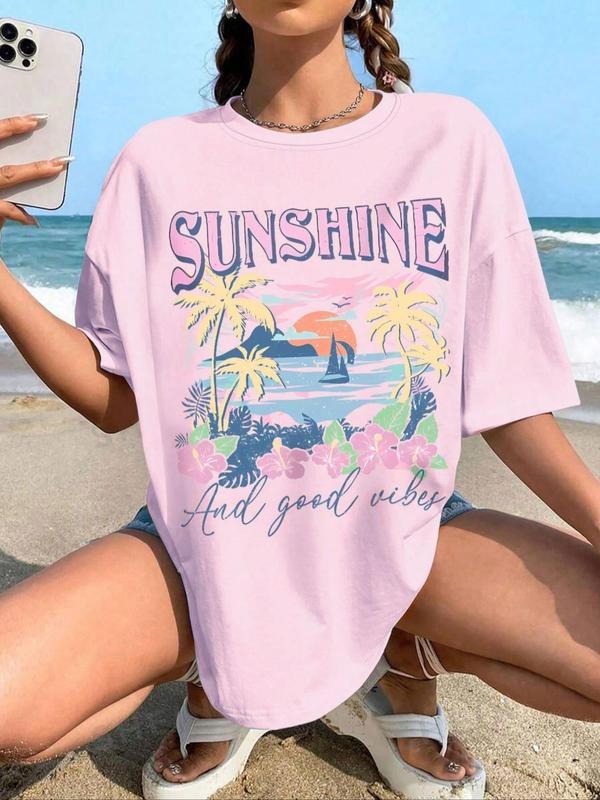 Women's Letter Landscape Print Round Neck Graphic Tee, Vintage Trendy Casual Drop Shoulder Half Sleeve T-shirt for Daily...