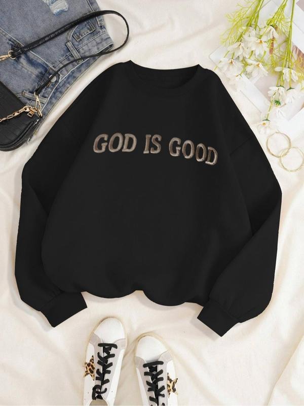 Women's Letter Pattern Drop Shoulder Sweatshirt, Casual Long Sleeve Round Neck Pullover for Fall & Winter, Women's...