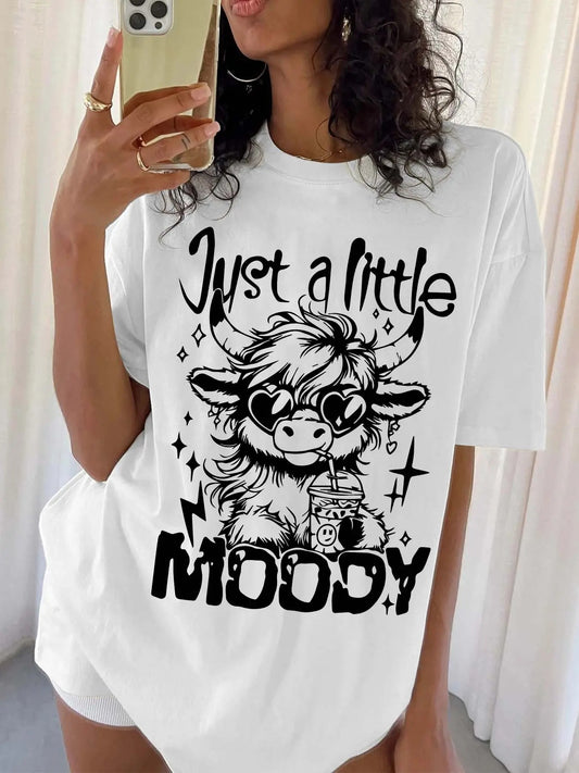 Women's Letter Print  T-shirt, Cute Cow Printed Graphic Tee, Casual Letter Print Round Neck Short Sleeve Top for Daily...