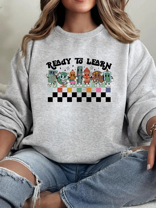 Women's Letter Print Crew Neck Sweatshirt, Casual Thermal Lined Long Sleeve Pullover for Daily Wear, Ladies Clothes for...