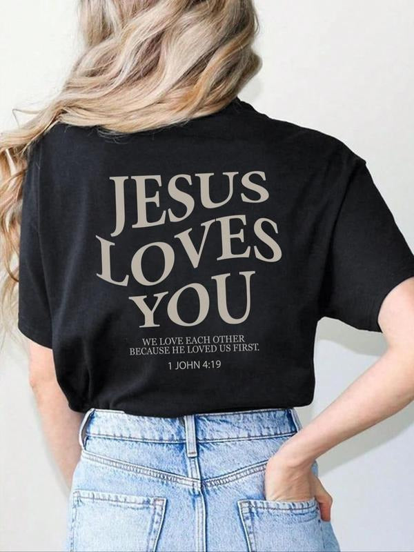 Women's Letter Print Crew Neck Tee, Fashion Casual Short Sleeve T-shirt for Daily Wear, Ladies Summer Clothes Hoodie,...