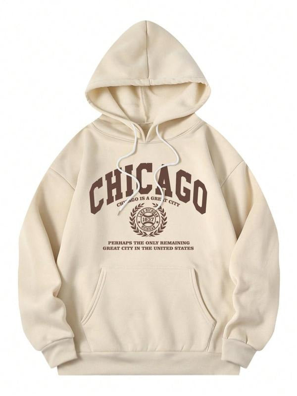 Women's Letter Print Drawstring Pocket Drop Shoulder Hoodie, Street Hooded Long Sleeve Pullover for Daily Vacation...