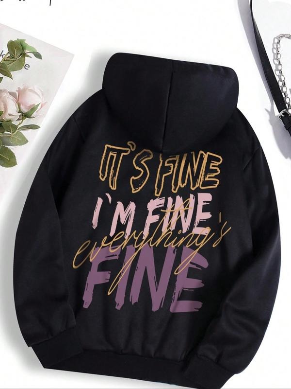 Women's Letter Print Drawstring Pocket Hoodie, Long Sleeve Drop Shoulder Hooded Sweatshirt, Popular Hoodies for Women,...