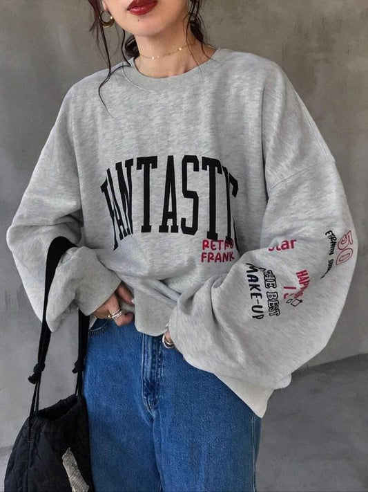Women's Letter Print Drop Shoulder  Thermal Lined Sweatshirt, Casual Long Sleeve Round Neck Pullover for Fall & Winter,...
