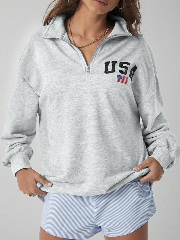 Women's Letter Print Drop Shoulder Half Zip Sweatshirt, Casual Long Sleeve Pullover for Daily Wear, Ladies Clothes for...