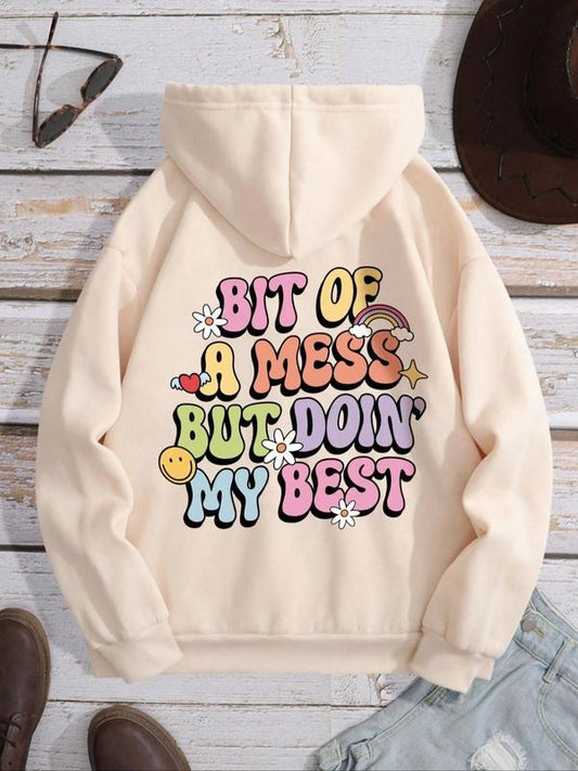 Women's Letter Print Drop Shoulder Hoodie, Fashion Casual Drawstring Kangaroo Pocket Hooded Sweatshirt for Daily  Outdoor...