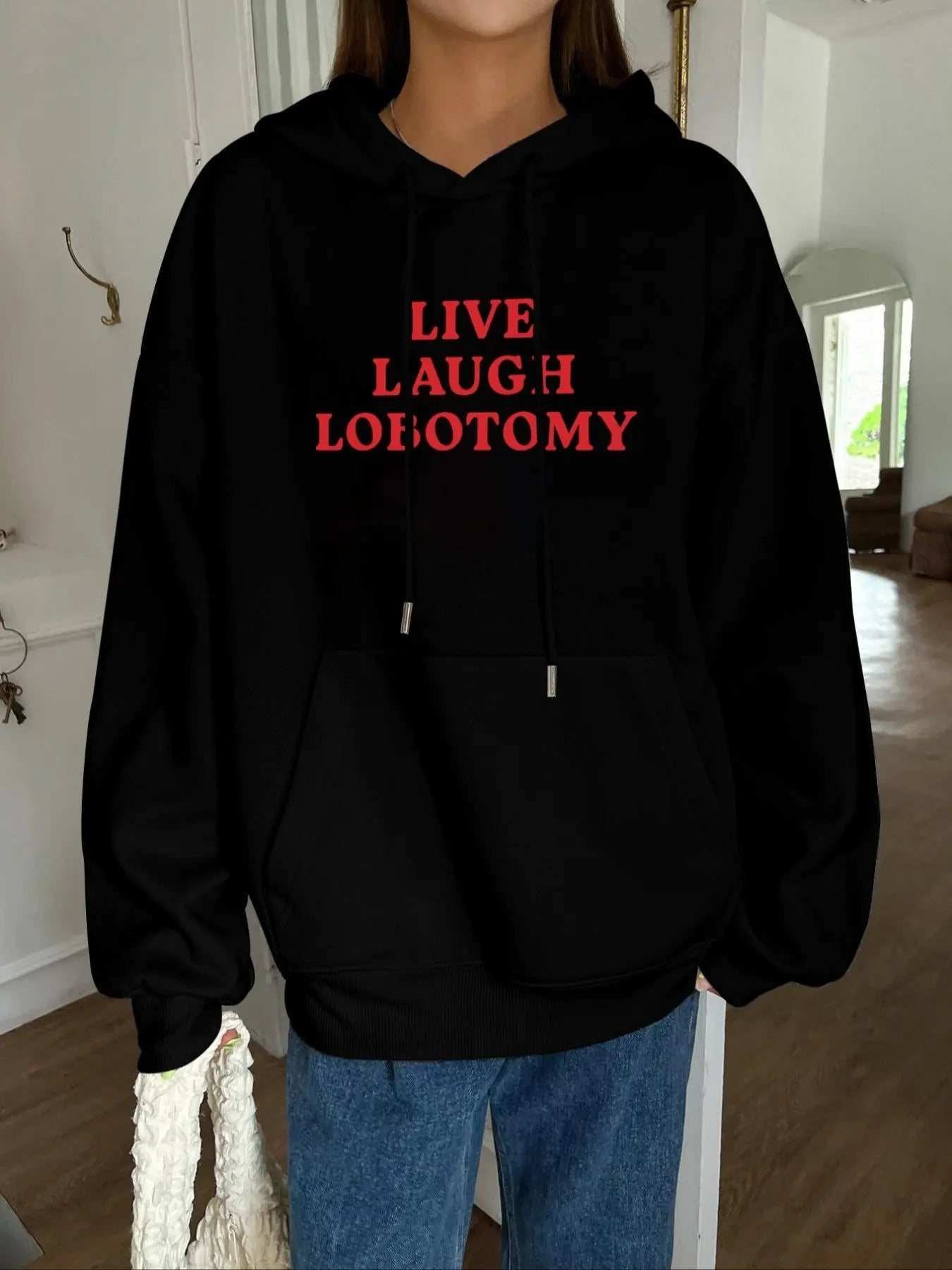 Women's Letter Print Drop Shoulder Hoodie, Fashion Casual Drawstring Pocket Hooded Sweatshirt for Daily Holiday Outdoor...