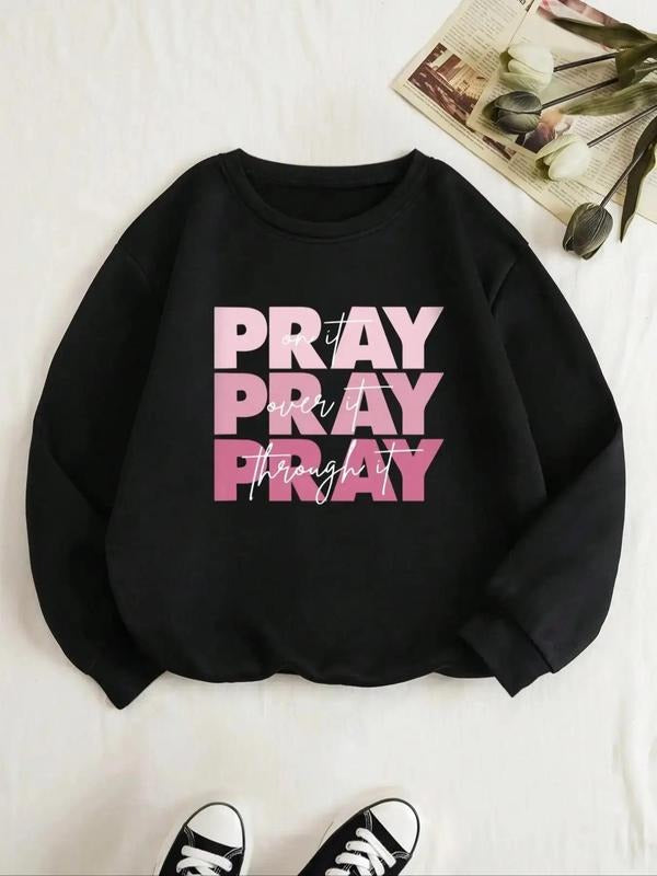 Women's Letter Print Drop Shoulder Sweatshirt, Casual Long-Sleeve Round Neck Pullover For Fall & Winter, Women's Clothes...