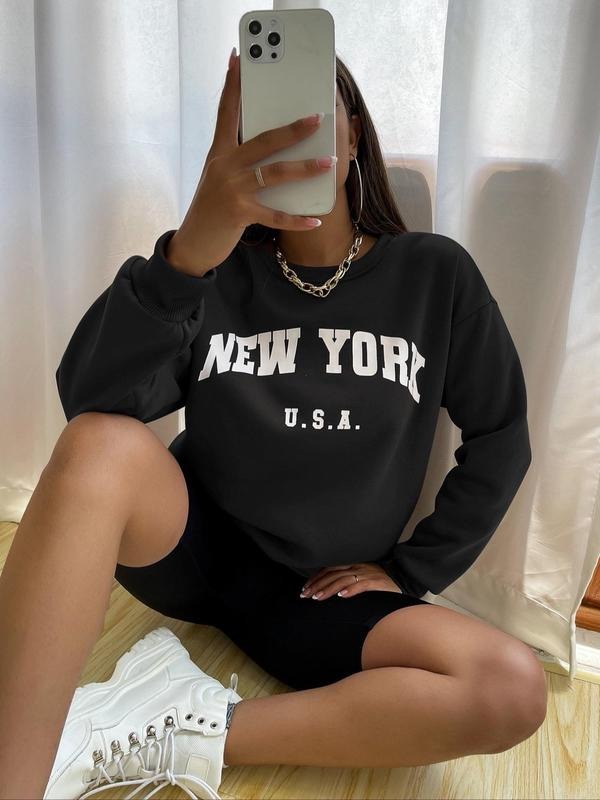 Women's Letter Print Drop Shoulder Sweatshirt, Fashion Casual Crew Neck Long Sleeve Pullover for Daily Holiday Outdoor...
