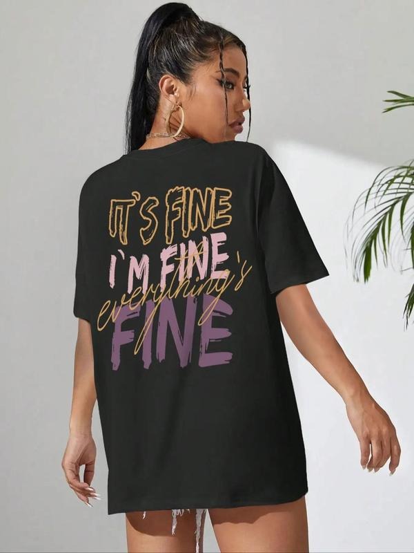 Women's Letter Print Drop Shoulder Tee, Casual Crew Neck Half Sleeve Round Neck T-shirt for Summer, Tshirt, Women's Top...