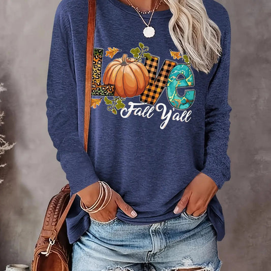 Women's Letter Print Drop Shoulder Tee, Casual Long Sleeve Round Neck T-shirt for Fall & Winter, Women's Top for Daily...