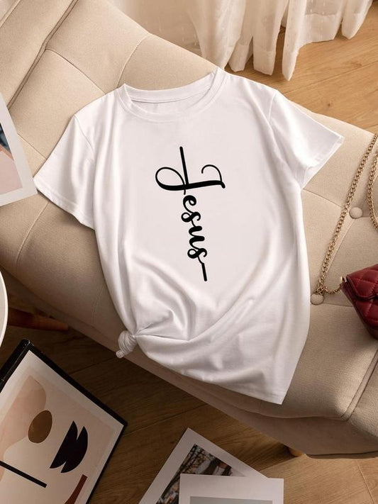 Women's Letter Print Drop Shoulder Tee, Casual Short Sleeve Round Neck T-Shirt for Summer, Women's Top for Daily...