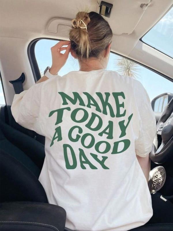 Women's Letter Print Drop Shoulder Tee, Casual Streetwear Half Sleeve Round Neck T-Shirt for Summer, Ladies Clothes for...