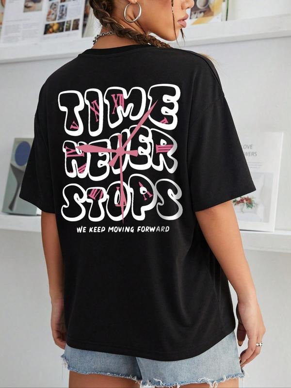 Women's Letter Print Drop Shoulder Tee, Fashion Casual Round Neck Half Sleeve T-shirt for Daily Wear, Ladies Summer...