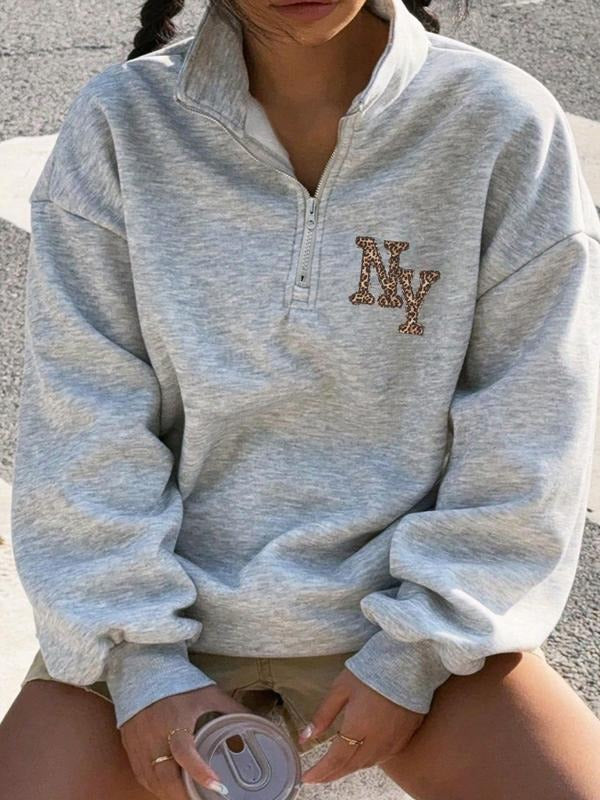 Women's Letter Print Half Zip Sweatshirt, Casual Long Sleeve Pullover for Fall & Winter, Comfortable Women's Clothes for...