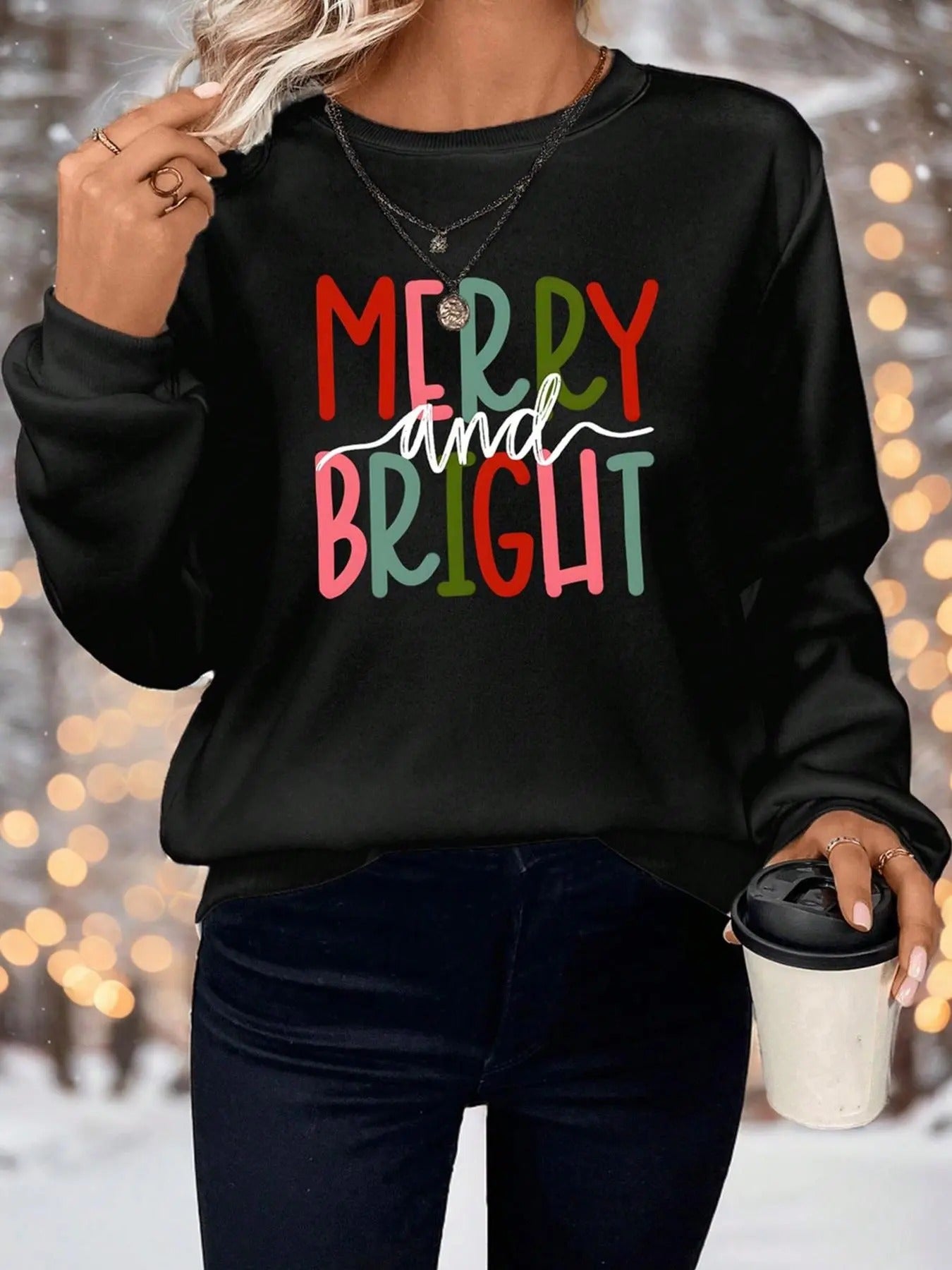 Women's Letter Print Merry & Bright Sweatshirt, Casual Long Sleeve Round Neck Pullover for Spring & Fall, Ladies Clothes...