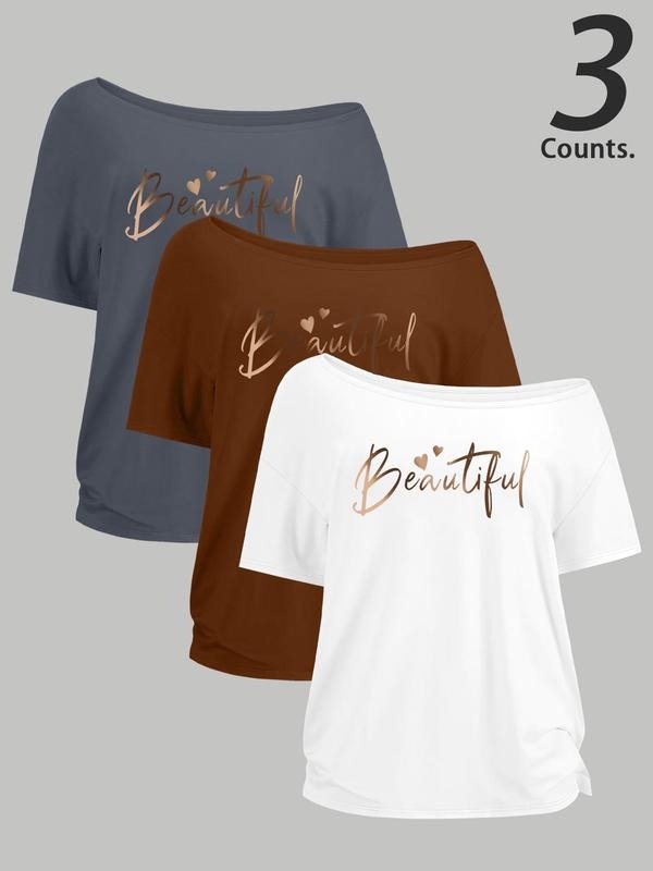 Women's Letter Print One Shoulder Tee, Casual Fashion T-shirt for Daily Wear, Ladies Clothes for All Seasons,...