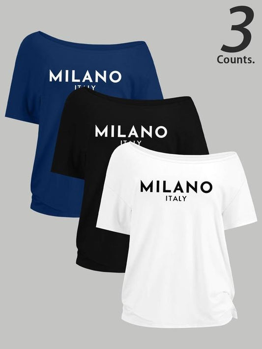 Women's Letter Print One Shoulder Tee, Casual Short Sleeve T-shirt for Daily Wear, Ladies Clothes for All Seasons, Top...