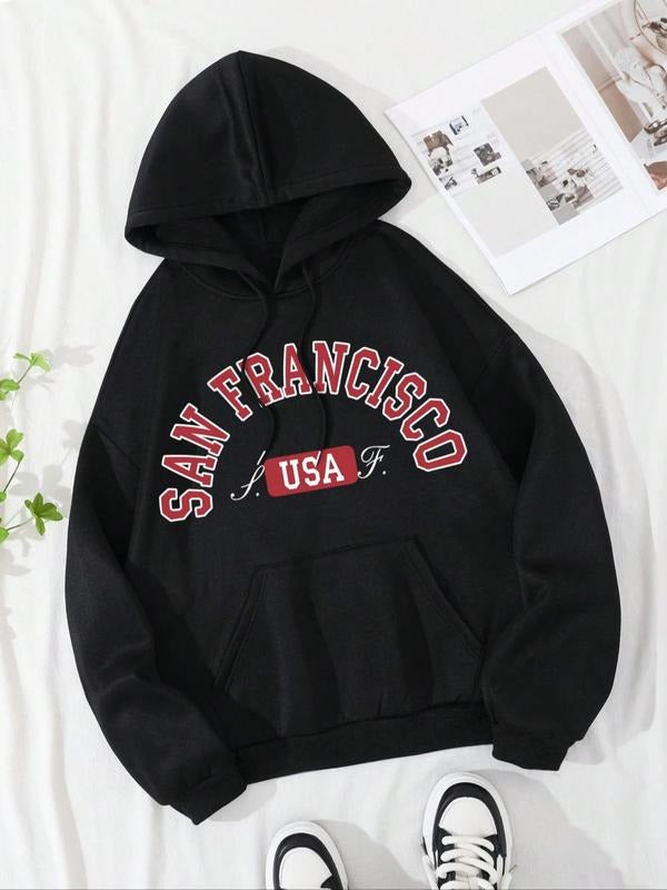 Women's Letter Print Pocket Drawstring Hoodie, Casual Long Sleeve Hooded Sweatshirt, Women's Fall & Winter Clothes for...