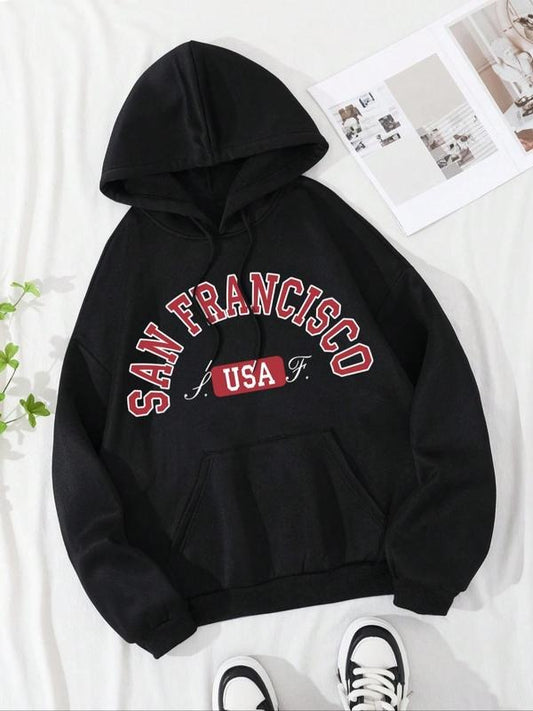 Women's Letter Print Pocket Drawstring Hoodie, Casual Long Sleeve Hooded Sweatshirt, Women's Fall & Winter Clothes for...