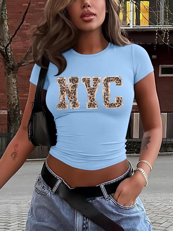 Women's Letter Print Round Neck Crop Tee, Casual Short Sleeve Crew Neck T-shirt for Daily Wear, Ladies Clothes for All...