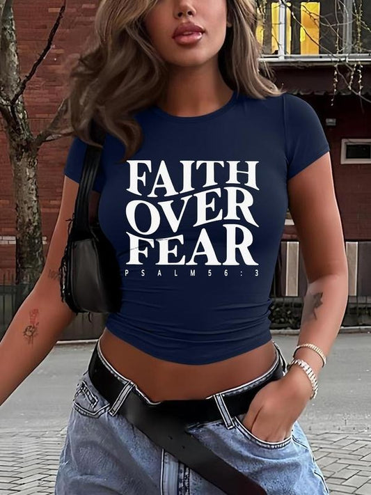 Women's Letter Print Round Neck Crop Tee, Casual Short Sleeve Crew Neck T-shirt for Daily Wear, Ladies Clothes for All...