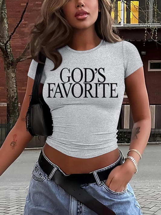 Women's Letter Print Round Neck Crop Tee, Casual Short Sleeve Crew Neck T-shirt for Daily Wear, Ladies Clothes for All...