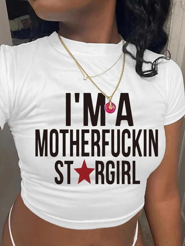 Women's Letter Print Round Neck Crop Tee, Casual Star Print Short Sleeve T-shirt for Summer, Women's Top for Daily Wear...