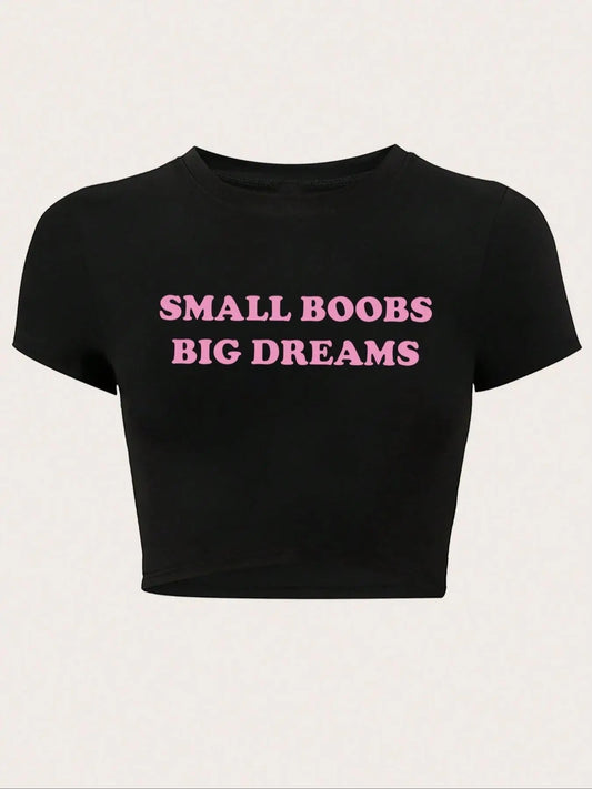 Women's Letter Print Round Neck Crop Tee, Fashion Casual Crew Neck Short Sleeve T-shirt for Daily Holiday Vacation...