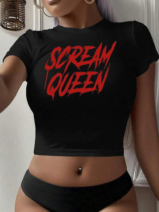 Women's Letter Print Round Neck Crop Tee, Fashion Casual Crew Neck T-shirt for Daily Holiday Vacation Outdoor Wear,...