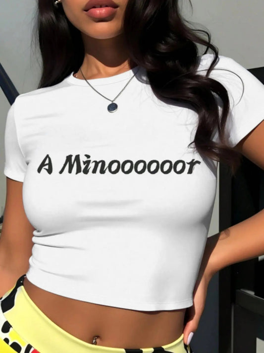 Women's Letter Print Round Neck Crop Tee, Fashion Casual Crew Neck T-shirt for Daily Holiday Vacation Outdoor Wear,...