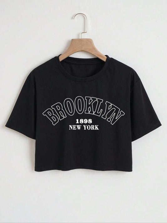 Women's Letter Print Round Neck Crop Tee, Street Short Sleeve T-Shirt for Daily Holiday Vacation Outdoor Wear, Ladies...