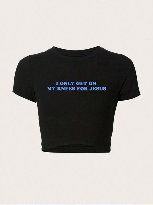 Women's Letter Print Round Neck Crop Tee, Trendy Casual Crew Neck Short Sleeve T-shirt for Daily Wear, Graphic Tees,...