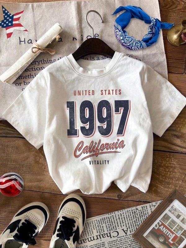 Women's Letter Print Round Neck Graphic Tee, Vintage Trendy Casual Drop Shoulder Short Sleeve T-shirt for Daily Wear,...