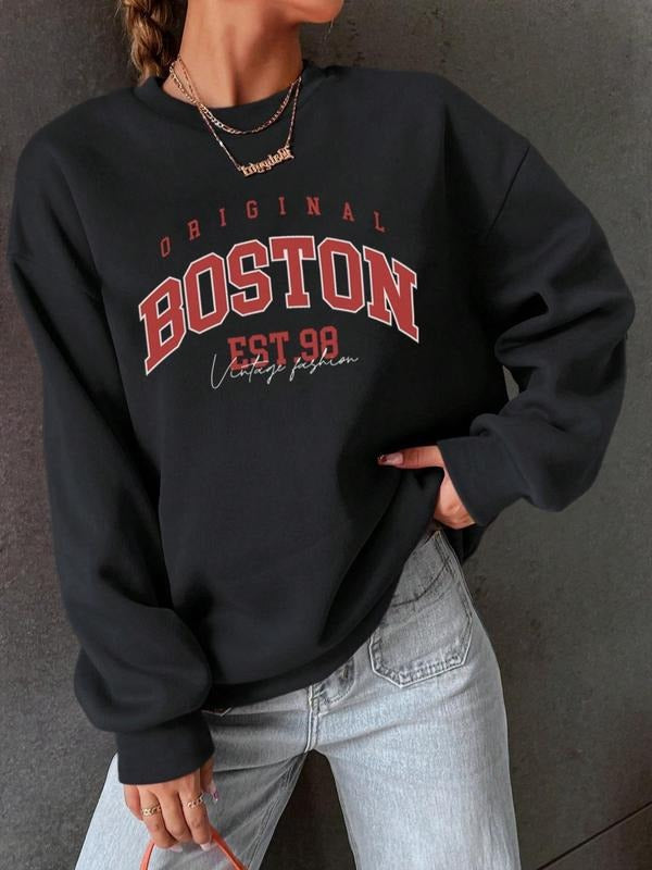 Women's Letter Print Round Neck Sweatshirt Without Necklace, Casual Fashion Drop Shoulder Long Sleeve Pullover for Daily...