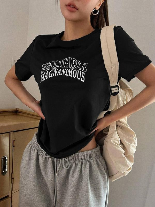 Women's Letter Print Round Neck Tee, Casual "Valuable" Print Crew Neck Short Sleeve T-Shirt for Summer, Fashion Women's...