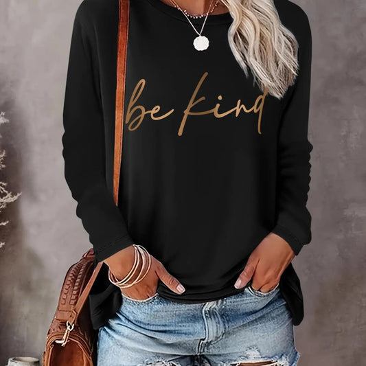 Women's Letter Print Round Neck Tee, Casual Long Sleeve Crew Neck T-shirt for Daily Wear, Ladies Clothes for All...