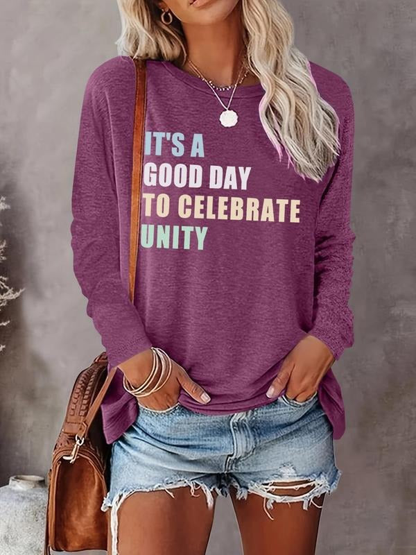 Women's Letter Print Round Neck Tee, Casual Long Sleeve Crew Neck T-shirt for Fall & Winter, Women's Top for Daily...