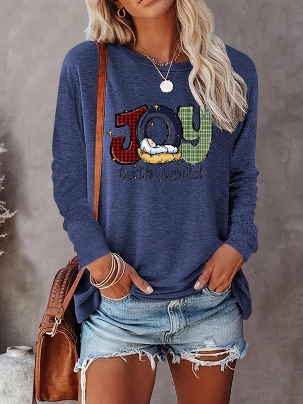 Women's Letter Print Round Neck Tee, Casual Long Sleeve Crew Neck T-shirt for Fall & Winter, Women's Top for Daily...